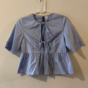 h&m blue bow tie cropped blouse